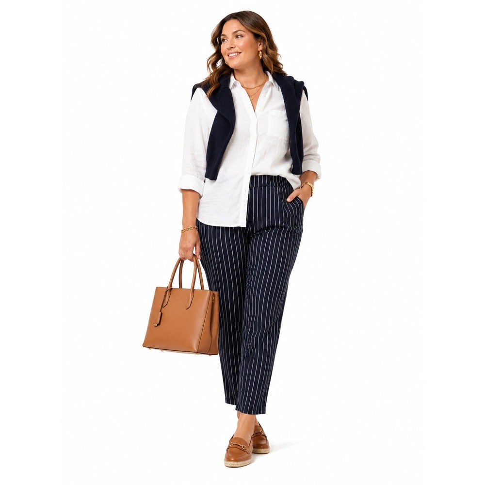Time & True Pull On Pinstripe Ankle Pants Coastal Chic Preppy Navy XXL NEW